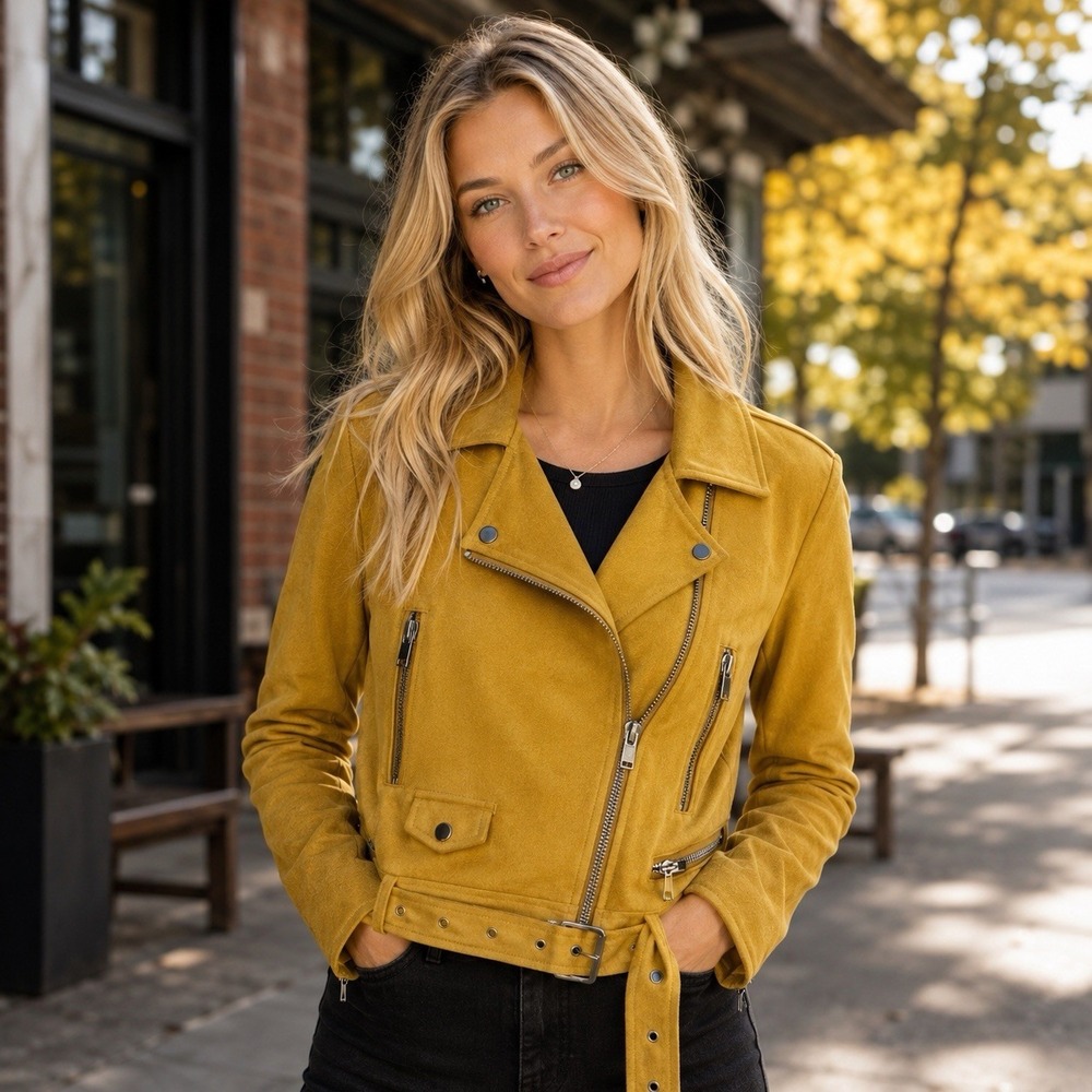 Zara Faux Suede Mustard Yellow Moto Jacket Belted Biker Zip Fall Grunge M